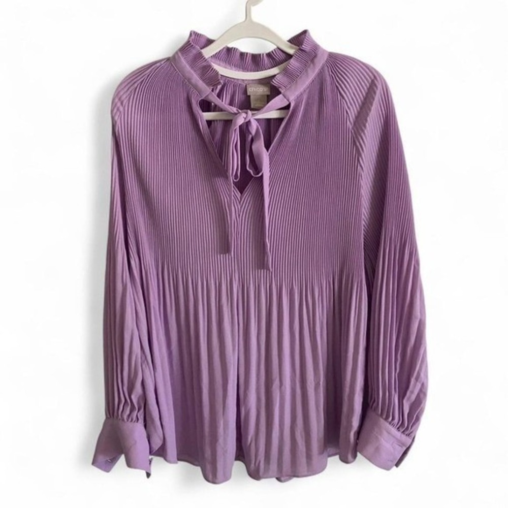 Chico's Pleated Tie Neck Blouse Lilac Purple Balloon‎ Sleeve Top Size 1 US 8/10